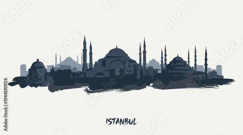 A silhouette of the Istanbul skyline featuring iconic mosques and minarets against a neutral background.