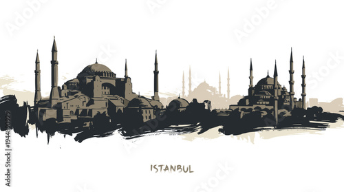 A stylized silhouette of the iconic Istanbul skyline, featuring the Hagia Sophia and Blue Mosque, rendered in a sepia tone.