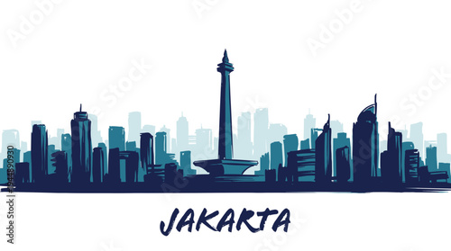 A stylized illustration of the Jakarta skyline featuring the Monas monument and various modern skyscrapers.