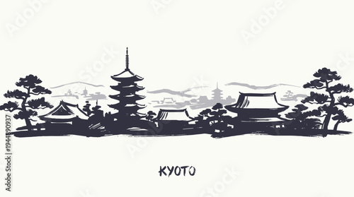 A traditional Japanese pagoda and temple complex silhouetted against a hazy mountain landscape, with pine trees framing the scene.