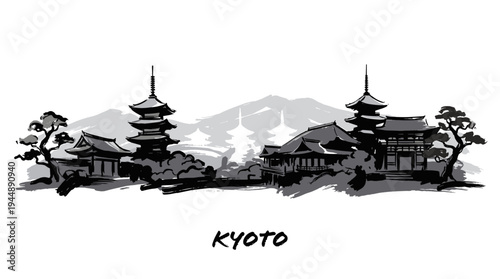 A black and white ink wash painting depicting the iconic skyline of Kyoto, Japan, featuring pagodas, traditional buildings, and mountains.