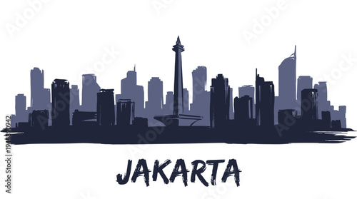 Silhouette of the Jakarta skyline featuring the National Monument and various skyscrapers against a white background.