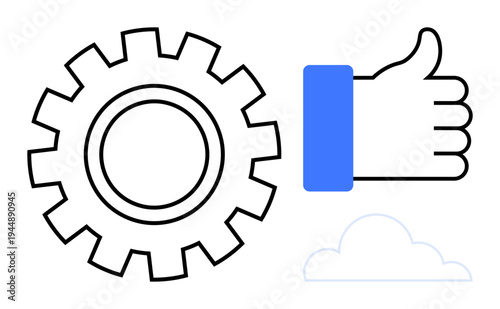 Technology concept. Gear mechanism, thumbs up, and cloud icon reflecting collaboration and innovation in technological systems. Technology driving efficiency, collaboration, and progress