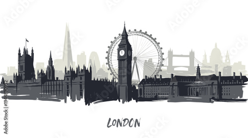 A monochromatic sketch of the iconic London skyline featuring Big Ben, the London Eye, and the Houses of Parliament.