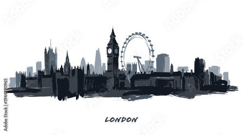 A monochromatic silhouette of the iconic London skyline featuring Big Ben and the London Eye.