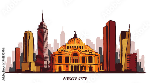 A vibrant illustration of the Mexico City skyline featuring iconic buildings and modern skyscrapers.