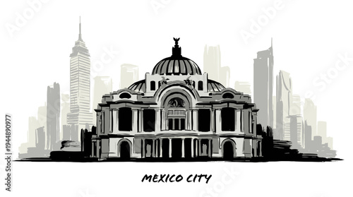 A black and white sketch of the Palacio de Bellas Artes in Mexico City with skyscrapers in the background.