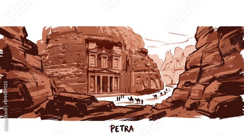 A dramatic, stylized illustration of the ancient city of Petra, carved into sandstone cliffs, with a caravan of camels and people approaching.