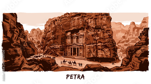 A dramatic illustration of the ancient Nabataean city of Petra, carved into sandstone cliffs, with camels and riders approaching the iconic Treasury facade.