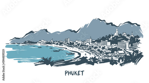 A scenic sketch of the coastal city of Phuket, Thailand, with mountains in the background and boats in the turquoise water.