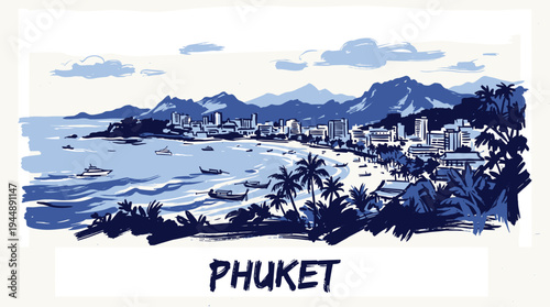 A scenic watercolor illustration of the bustling coastal city of Phuket, Thailand, with its sandy beaches, palm trees, and distant mountains.