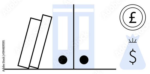 Financial folders, currency symbols, and a money bag representing financial management, accounting, and budgeting. Ideal for finance, economy, business planning, bookkeeping savings investment