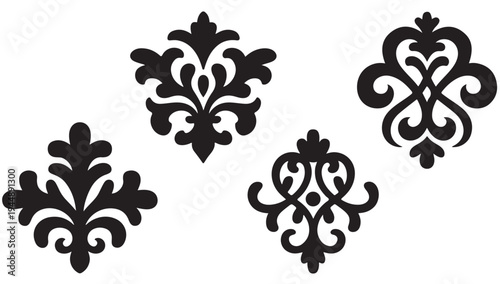 Set of black damask design elements, elegant floral motifs, vintage scrollwork, classic baroque ornaments