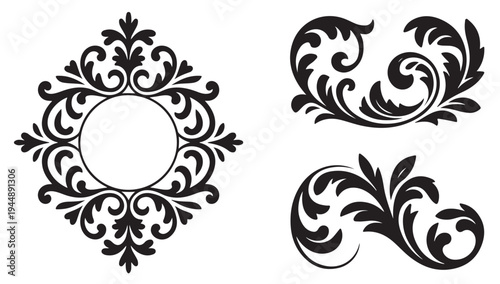 Decorative damask border with a round frame, elegant floral corner elements, ornate scroll patterns