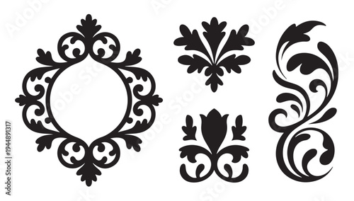 Elegant damask baroque frame and stylized floral ornaments for decorative purposes
