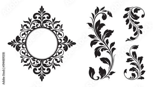 Decorative ornamental circular frame and floral flourishes vector ornaments for design