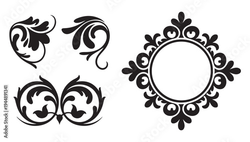 Ornate circular frame and decorative flourishes vector elements for graphic design