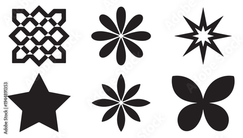 Monochrome decorative symbols collection with intricate stars floral motifs and pattern blocks