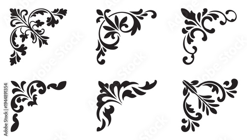 Vintage floral corner borders set with classic swirl ornaments and elegant leaf illustrations
