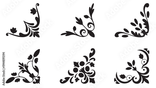 Decorative floral frame corners featuring delicate vine motifs blossoms and elegant swirls set