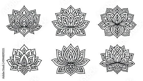 Intricate lotus mandala set for wellness branding spiritual flower ornament design vector art