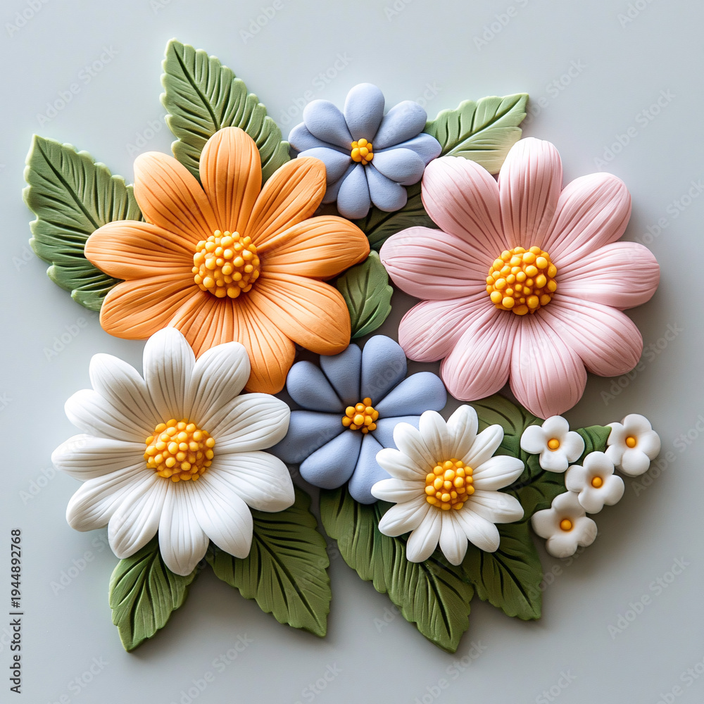 Fototapeta premium A beautiful bouquet of sculpted clay pastel flowers craft
