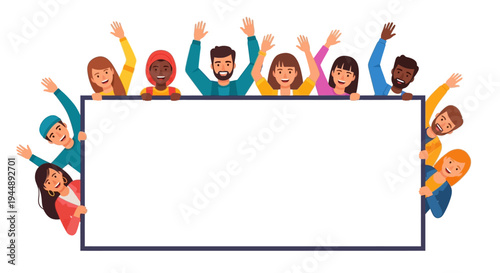 Diverse group of people standing together behind a large blank white board or frame illustration in a flat style with a happy and celebratory mood.