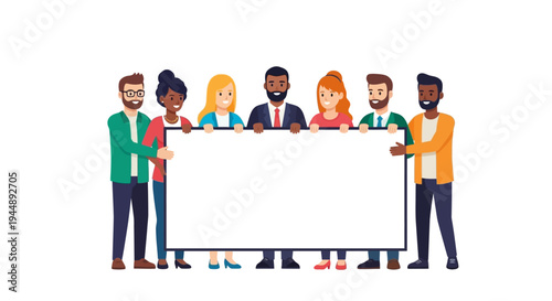 Diverse group of people standing together behind a large blank white board in a flat illustration style with a happy and celebratory mood.