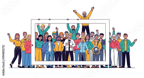 A diverse group of people standing together behind a large blank white board in a flat illustration style with a happy and celebratory mood.