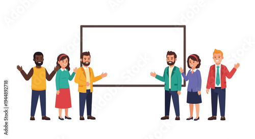 Diverse group of people standing behind a large blank white board in a flat illustration style with a happy and celebratory mood.