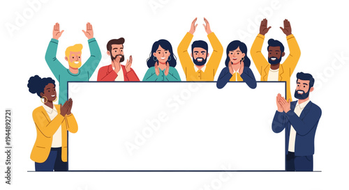 Diverse group of people standing together behind a large blank white board or frame illustration in a flat style with a happy and celebratory mood.