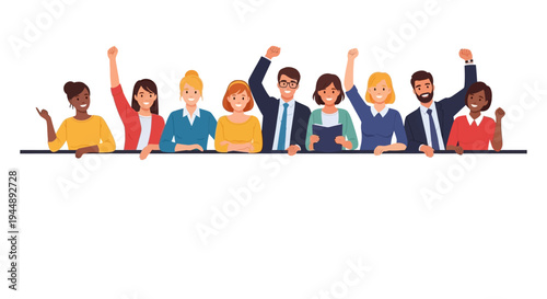 Diverse group of people standing together behind a large blank white board in a flat illustration style with happy and celebratory mood.