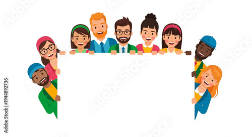 Diverse group of people standing together behind a large blank white board or frame illustration in a flat style with a happy and celebratory mood.