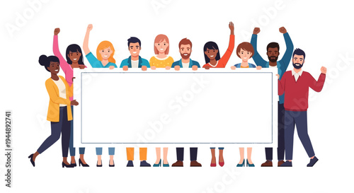Diverse group of people standing together behind a large blank white board in a flat illustration style with a happy and celebratory mood.