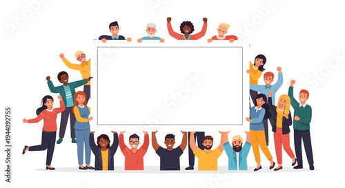 Diverse group of students and children standing together behind a large blank white board or frame illustration in a flat style with a happy and celebratory mood.