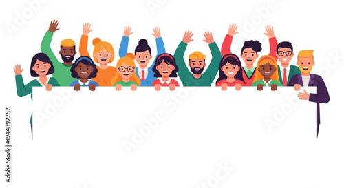 Diverse group of people standing behind a large blank white board with raised arms in a flat illustration style, conveying a happy and celebratory mood.
