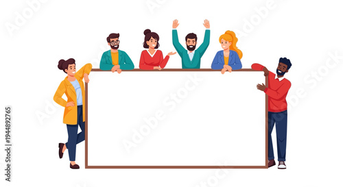 Diverse group of people standing together behind a large blank white board or frame illustration in a flat style with a happy and celebratory mood.