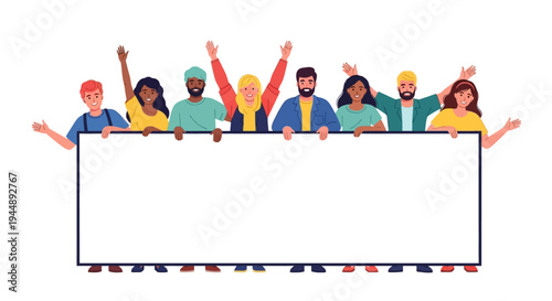 Diverse group of people standing together behind a large blank white board or frame illustration in a flat style with happy and celebratory mood.