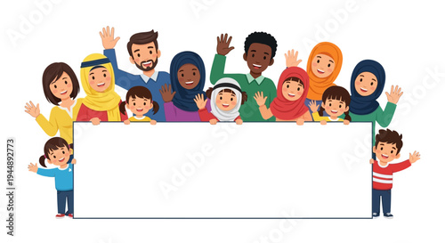 Diverse group of people standing together behind a large blank white board or frame illustration in a flat style with a happy and celebratory mood.