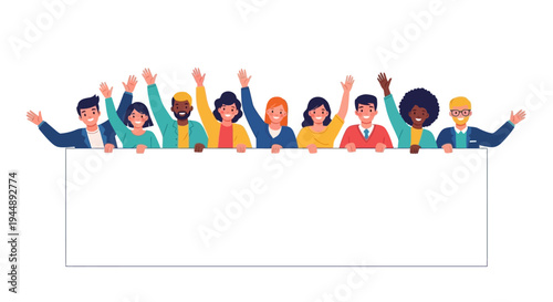 Diverse group of people standing together behind a large blank white board or frame illustration with raised arms in a flat style, conveying a happy and celebratory mood.