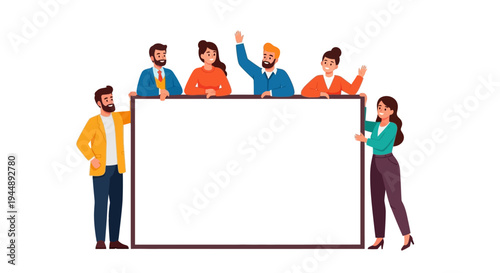 Diverse group of people standing together behind a large blank white board or frame illustration in a flat style with a happy and celebratory mood.