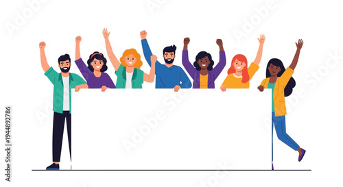 Diverse group of people standing behind a large blank white board with raised arms in a flat illustration style conveying a happy and celebratory mood.
