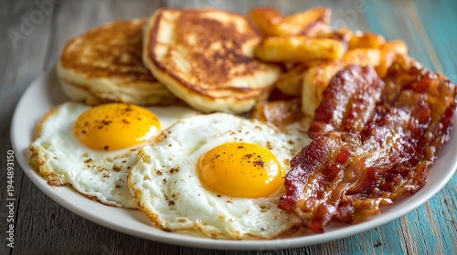 Eggs, pancakes, bacon, and toast make a classic full American breakfast.