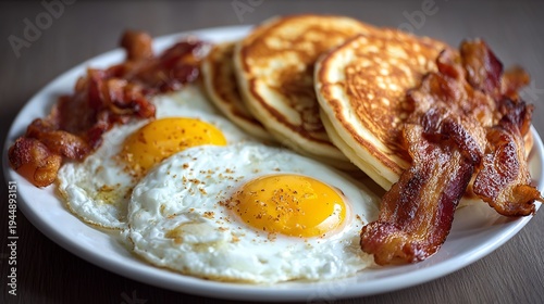 Eggs, pancakes, bacon, and toast make a classic full American breakfast.