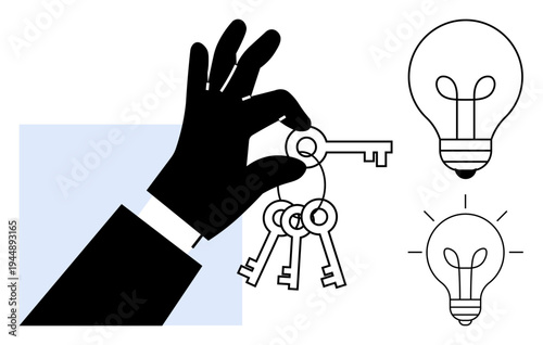 Innovation concept. Black hand holding keys next to glowing light bulbs solving problems and unlocking new ideas. Innovation in problem solving, creativity, and teamwork. Business, technology