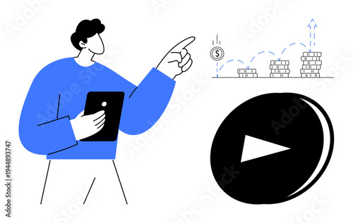 Financial planning, digital economy, innovation, business strategy, passive income, investment insights. Person holding tablet, pointing at coin stacks and play button. Financial growth and digital