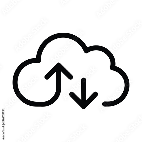 A simple black line icon depicts a cloud shape with an upward and a downward arrow indicating data synchronization or transfer.