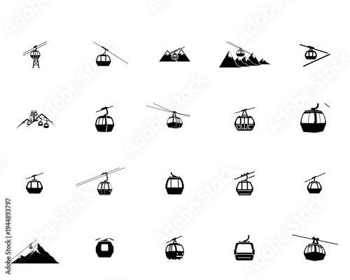 Cable Car Gondola Silhouette Collection with Mountains ski lift transport