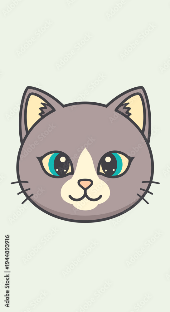 Fototapeta premium Cartoon grey cat face closeup.