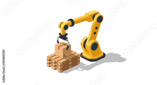 Automated Robotic Arm Moving Boxes in a Factory Setting.